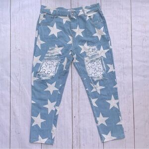 Katy Huang Style Ripped Thigh Star Print Tapered Ankle High Rise Jeans Size L